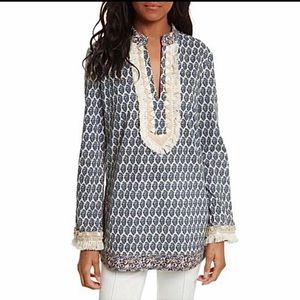 Tory Burch fringed  tunic w/ shell detail,blue multi print Sz 12
